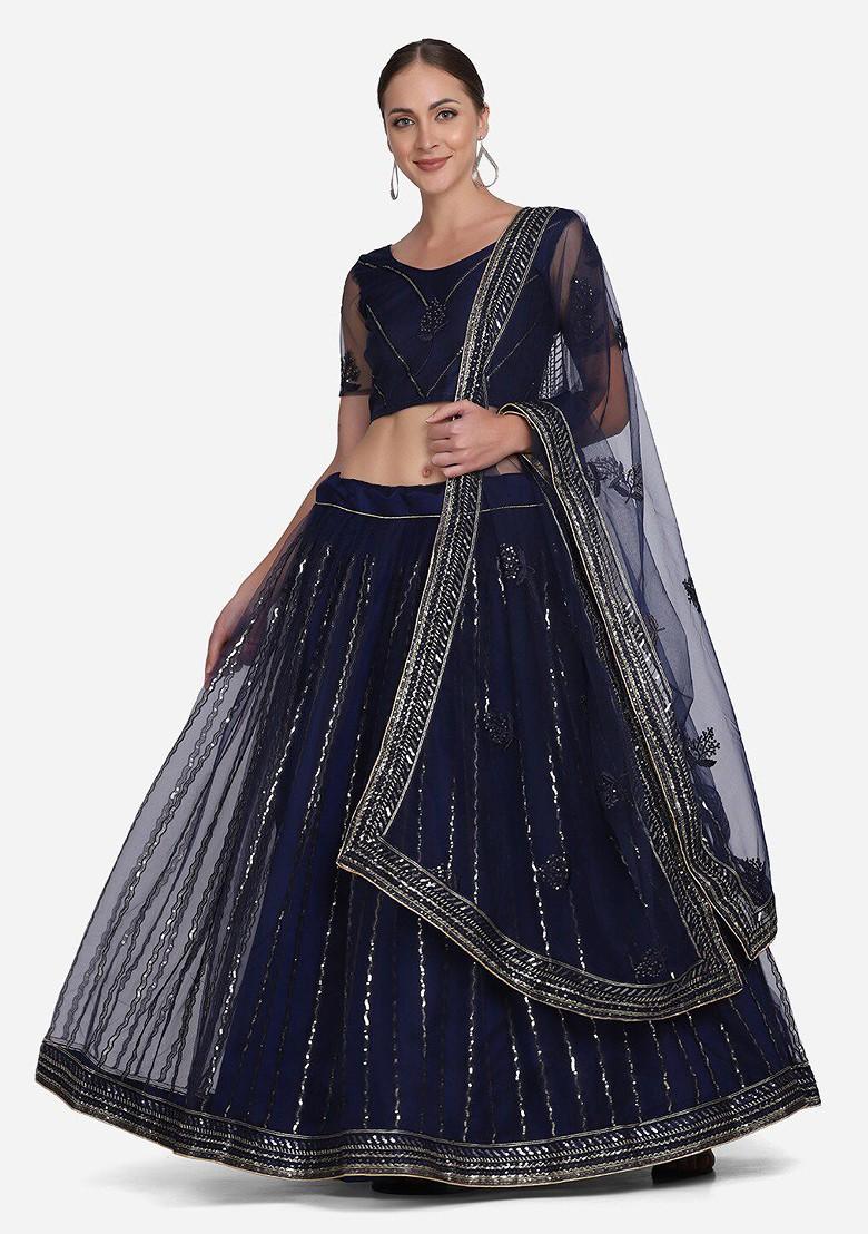 Navy Blue Emboridered Blended Lehenga Choli - Indya