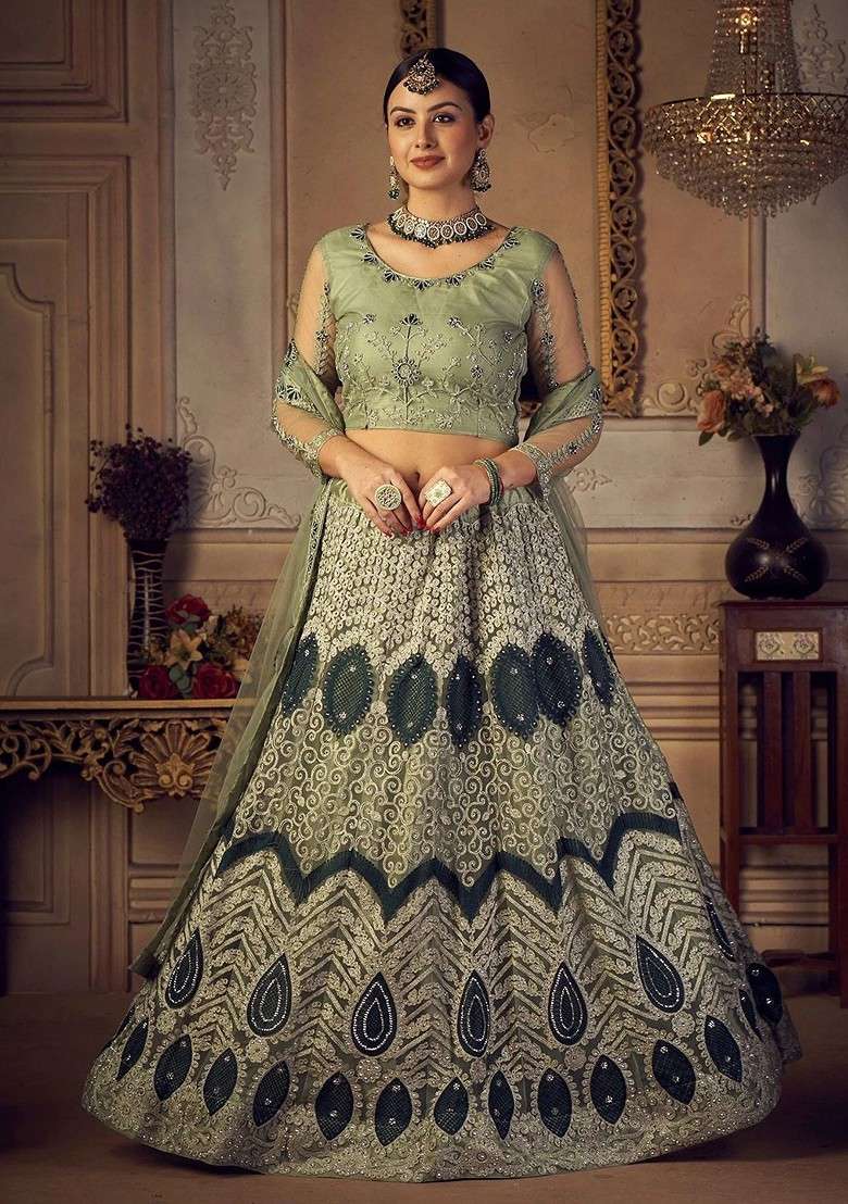 Green Emboridered Blended Lehenga Choli - Indya