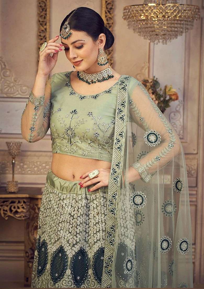 Green Emboridered Blended Lehenga Choli - Indya