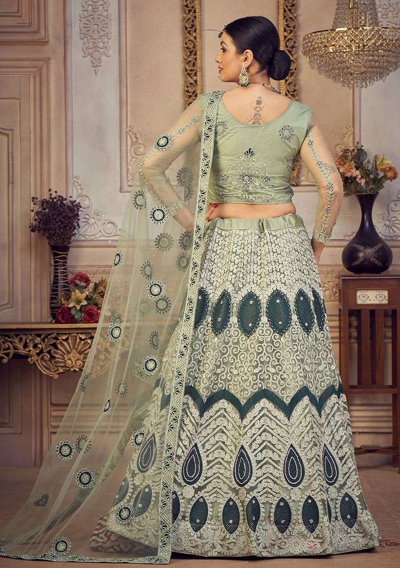 Green Emboridered Blended Lehenga Choli - Indya