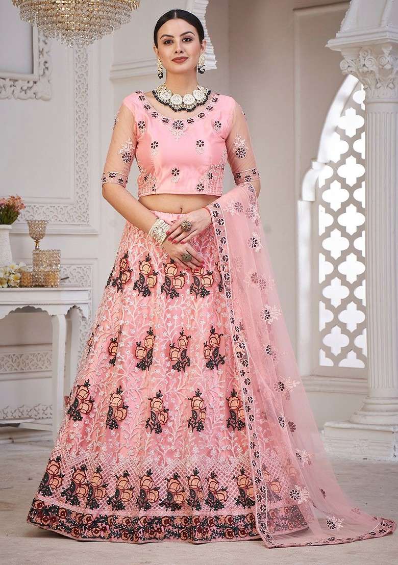Pink Emboridered Blended Lehenga Choli - Indya