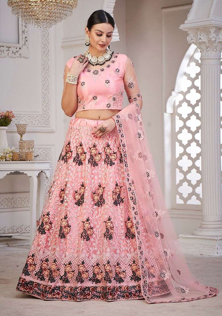 Pink Emboridered Blended Lehenga Choli - Indya