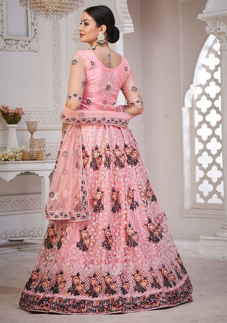 Pink Emboridered Blended Lehenga Choli - Indya