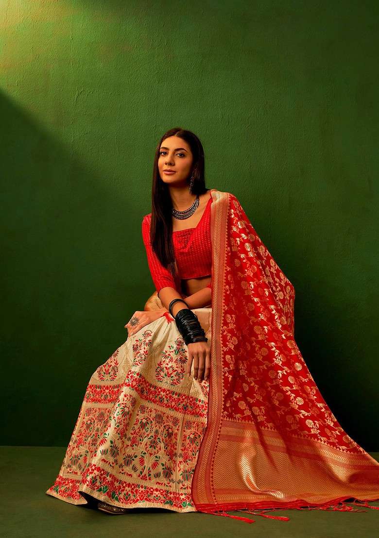 Beige Woven Design Blended Lehenga Choli - Indya