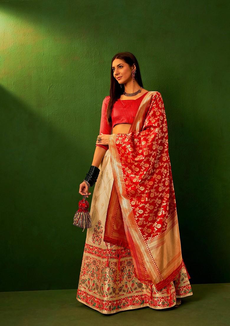 Beige Woven Design Blended Lehenga Choli - Indya