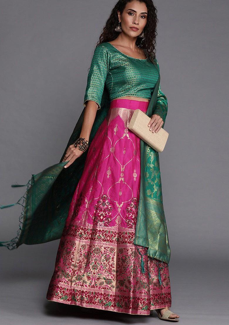 Pink Woven Design Blended Lehenga Choli - Indya