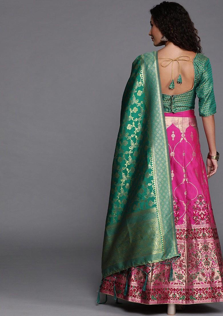 Pink Woven Design Blended Lehenga Choli - Indya