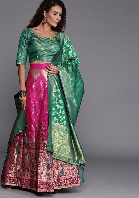Pink Woven Design Blended Lehenga Choli — view on Indya