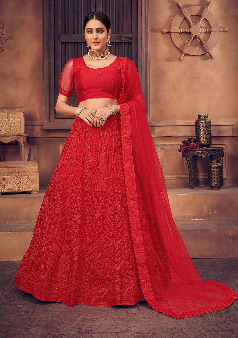 Red Emboridered Blended Lehenga Choli - Indya
