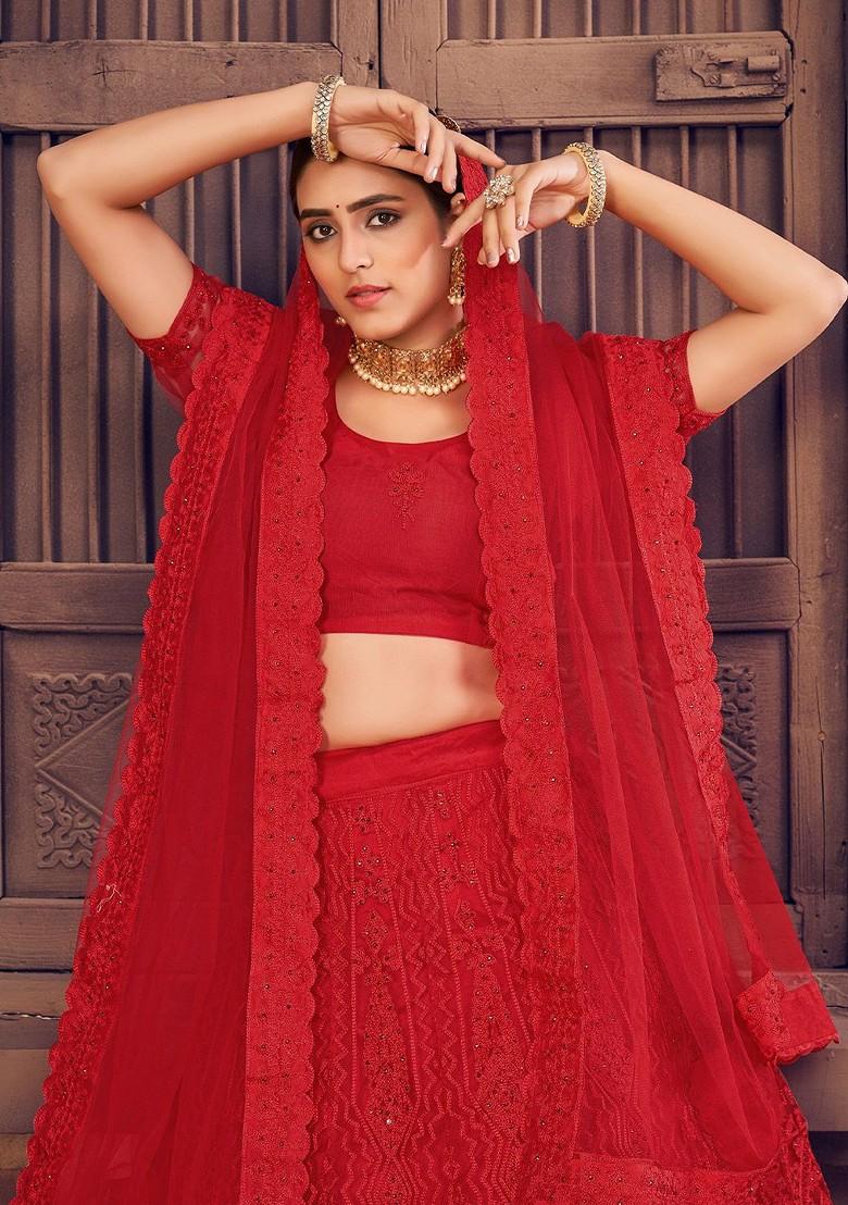 Red Emboridered Blended Lehenga Choli - Indya