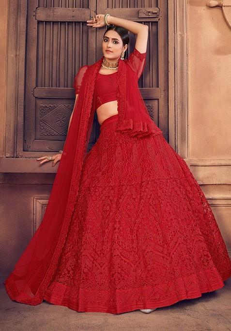 Red Emboridered Blended Lehenga Choli — view on Indya