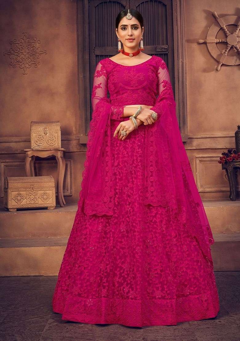 Pink Emboridered Blended Lehenga Choli - Indya