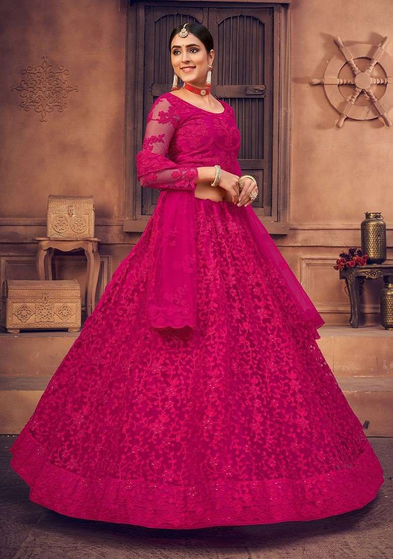 Pink Emboridered Blended Lehenga Choli - Indya