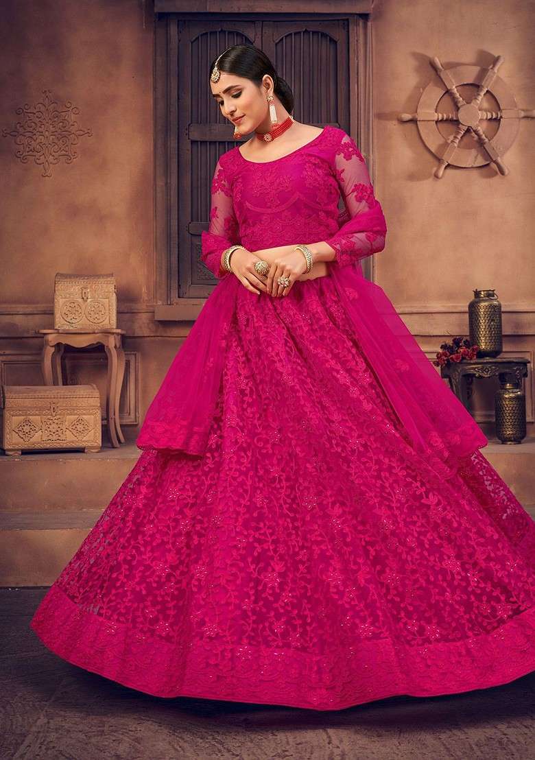 Pink Emboridered Blended Lehenga Choli - Indya