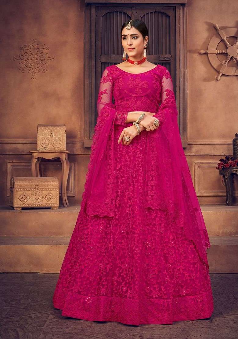 Pink Emboridered Blended Lehenga Choli - Indya
