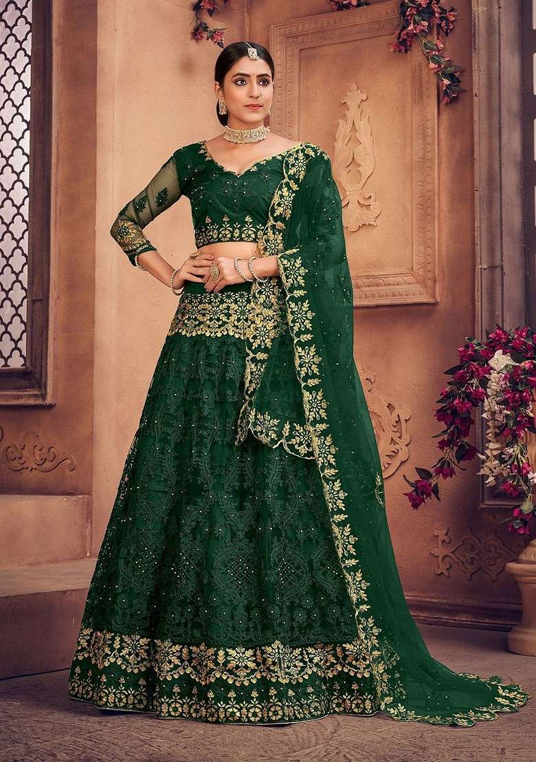Green Emboridered Blended Lehenga Choli - Indya