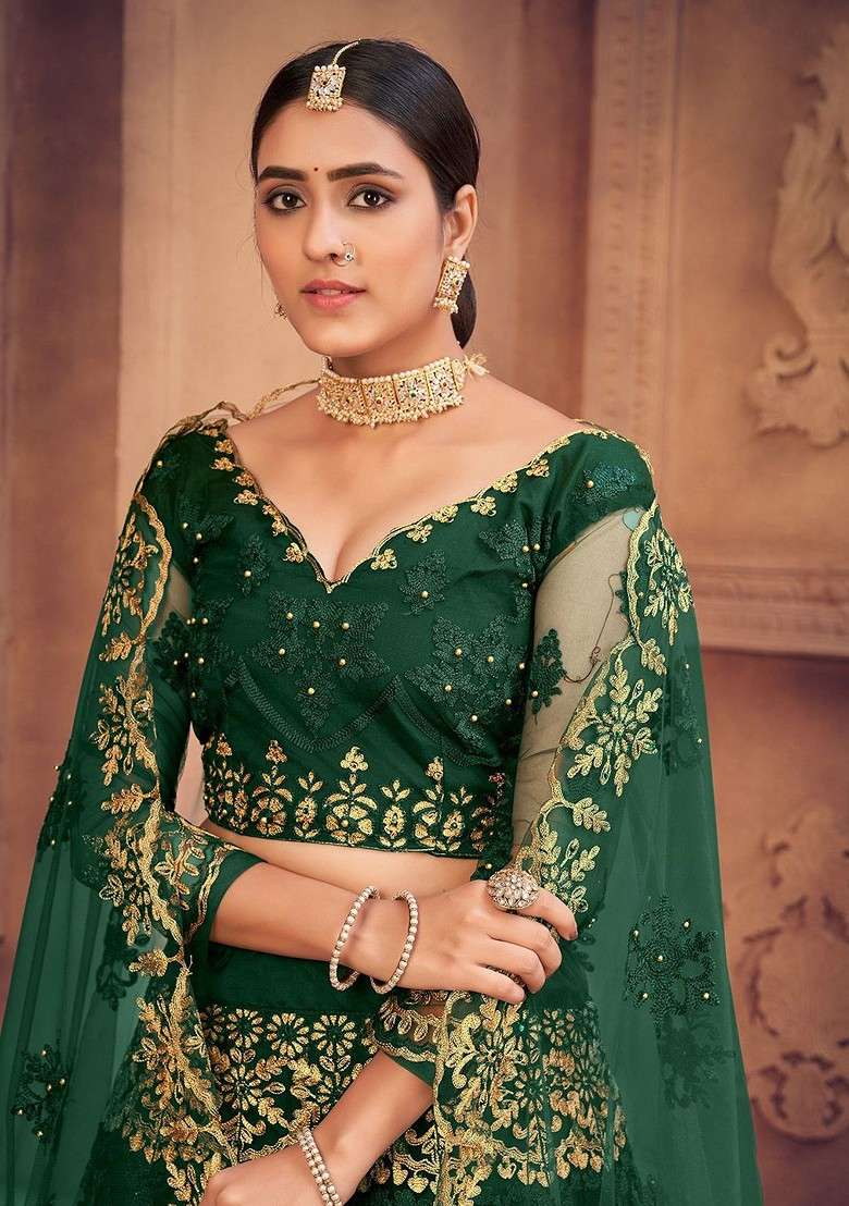 Green Emboridered Blended Lehenga Choli - Indya