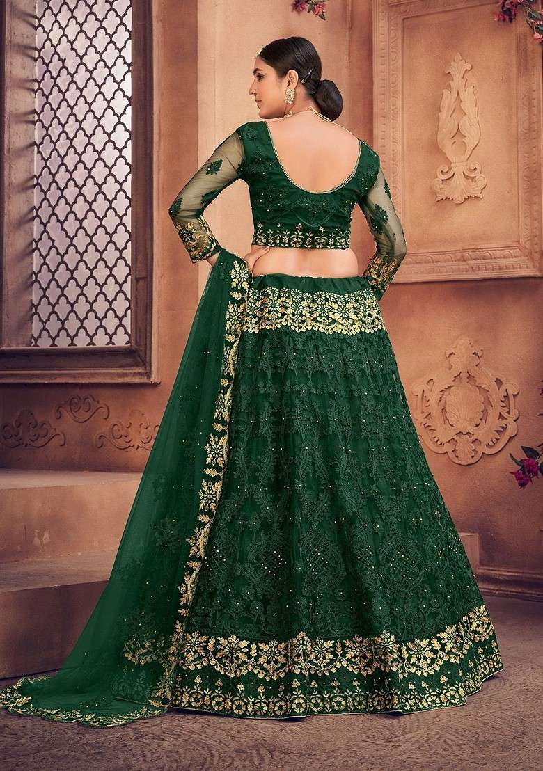 Green Emboridered Blended Lehenga Choli - Indya