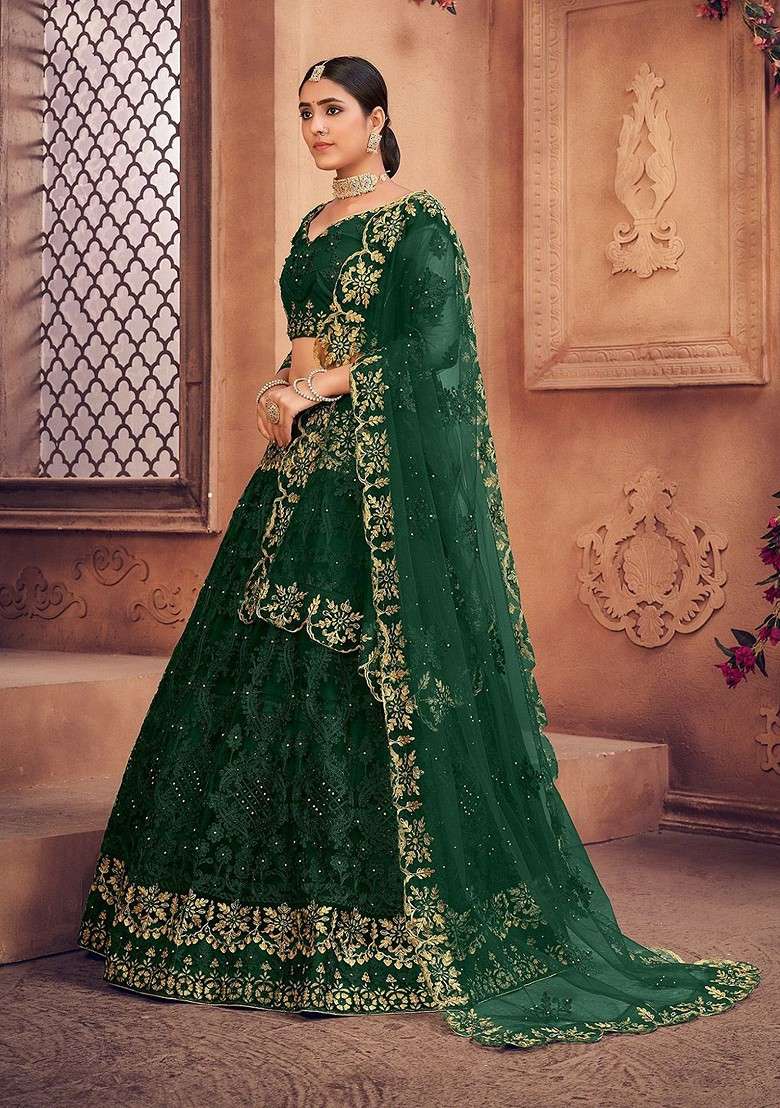 Green Emboridered Blended Lehenga Choli - Indya