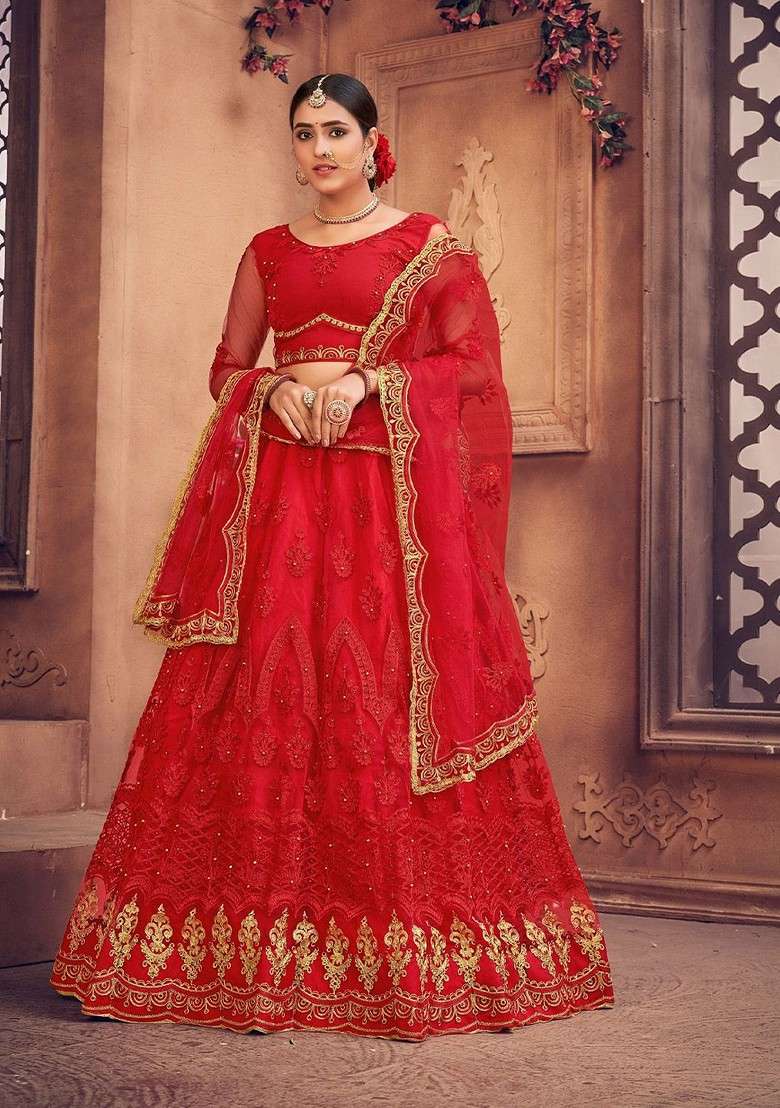 Red Emboridered Blended Lehenga Choli - Indya
