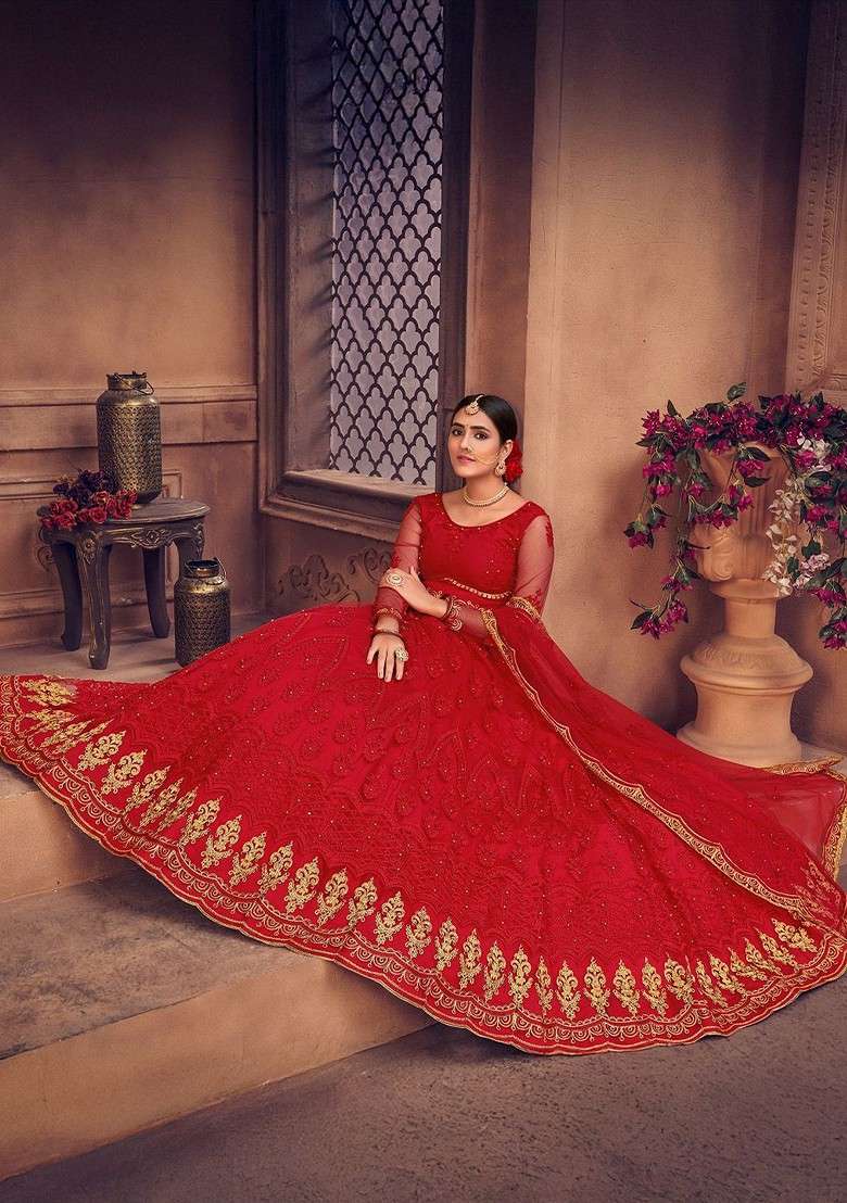 Red Emboridered Blended Lehenga Choli - Indya