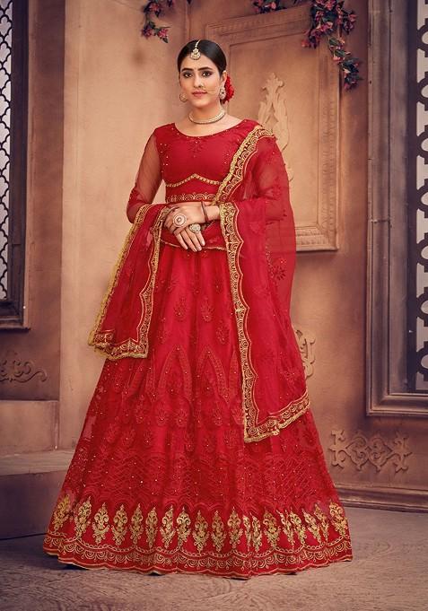 Red Emboridered Blended Lehenga Choli — view on Indya