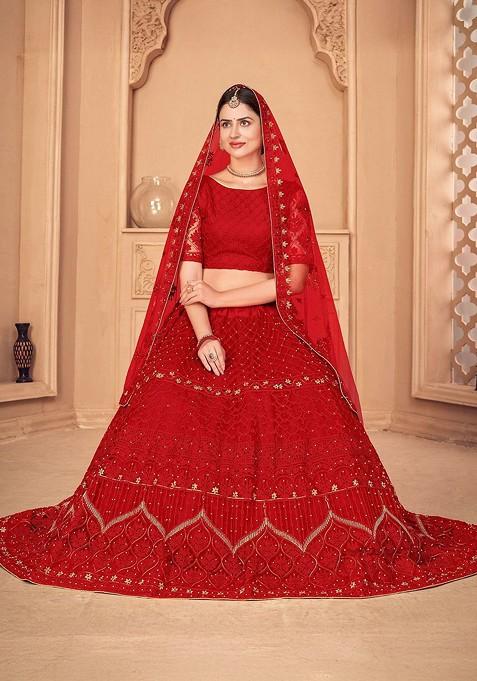 Red Emboridered Blended Lehenga Choli — view on Indya