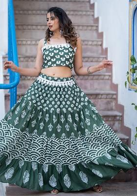 Green Printed Blended Lehenga Choli