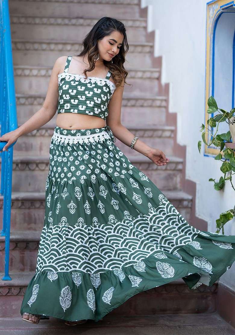 Green Printed Blended Lehenga Choli - Indya