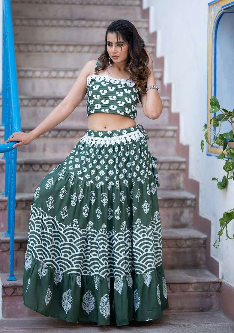 Green Printed Blended Lehenga Choli - Indya