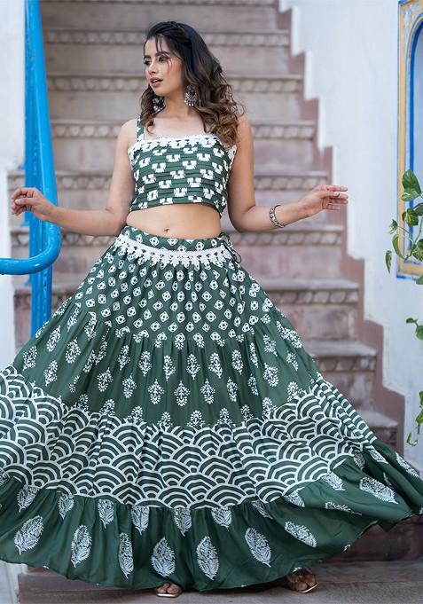 Green Printed Blended Lehenga Choli — view on Indya