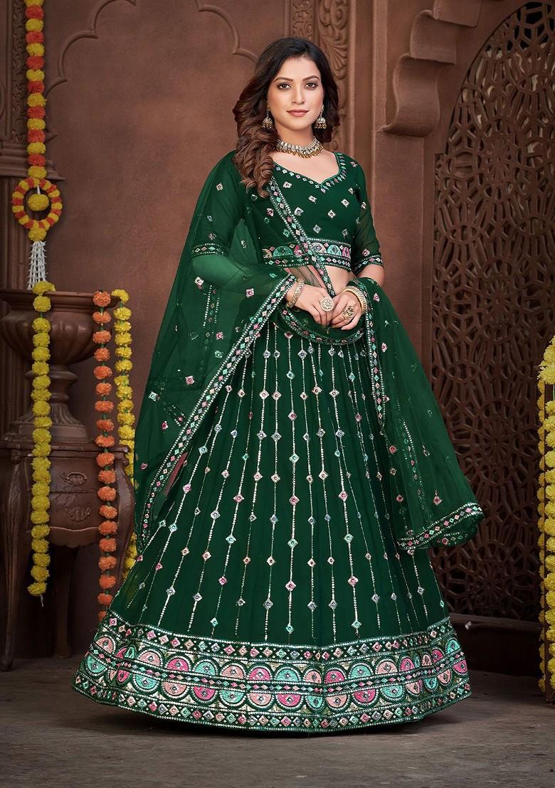 Green Emboridered Blended Lehenga Choli - Indya