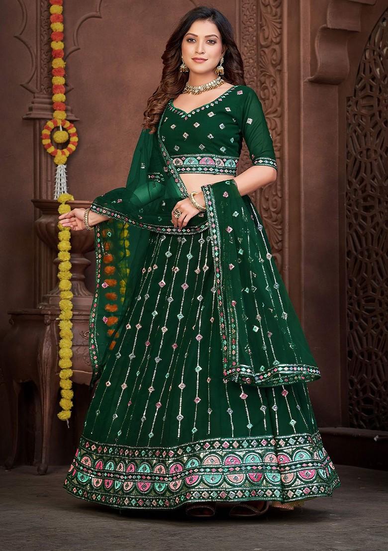 Green Emboridered Blended Lehenga Choli - Indya