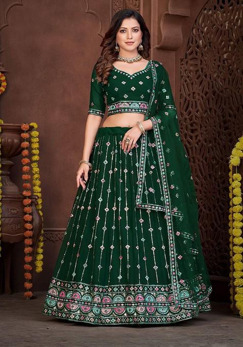 Green Emboridered Blended Lehenga Choli — view on Indya