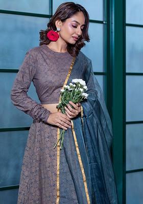 Grey Printed Blended Lehenga Choli