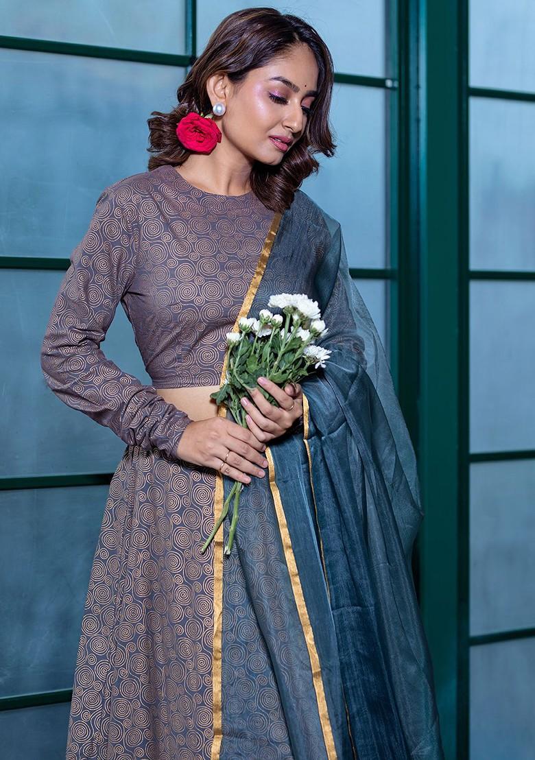 Grey Printed Blended Lehenga Choli - Indya