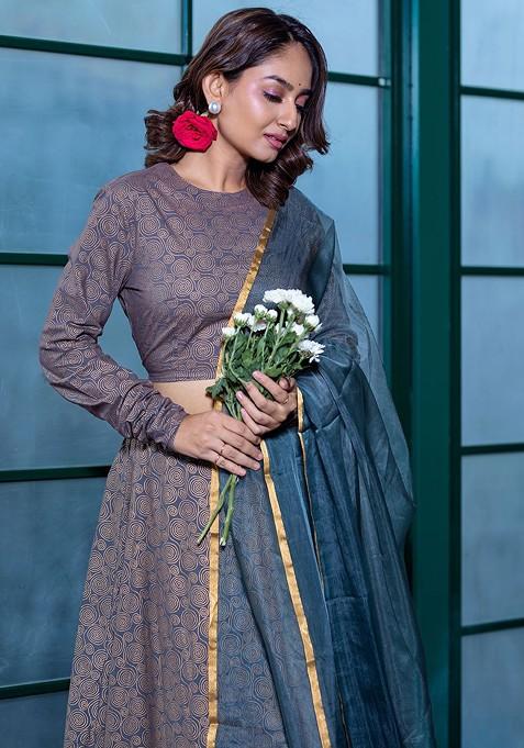 Grey Printed Blended Lehenga Choli