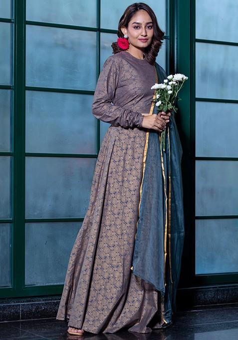 Grey Printed Blended Lehenga Choli