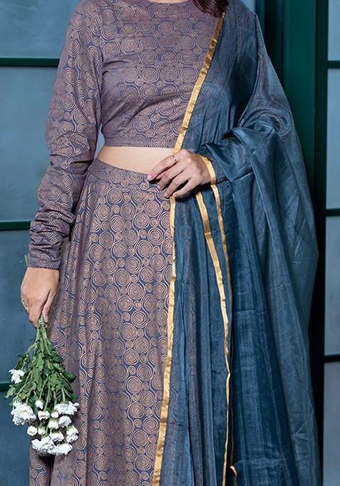 Grey Printed Blended Lehenga Choli