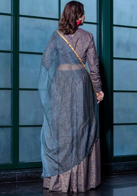 Grey Printed Blended Lehenga Choli