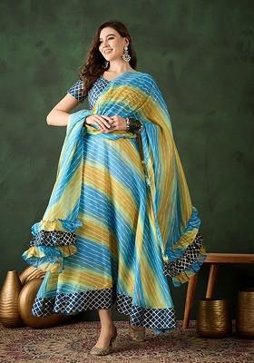 Blue Printed Blended Lehenga Choli