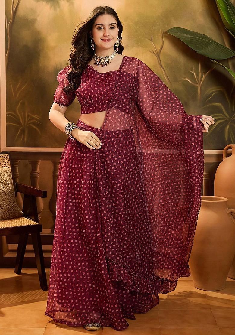 Maroon Printed Blended Lehenga Choli