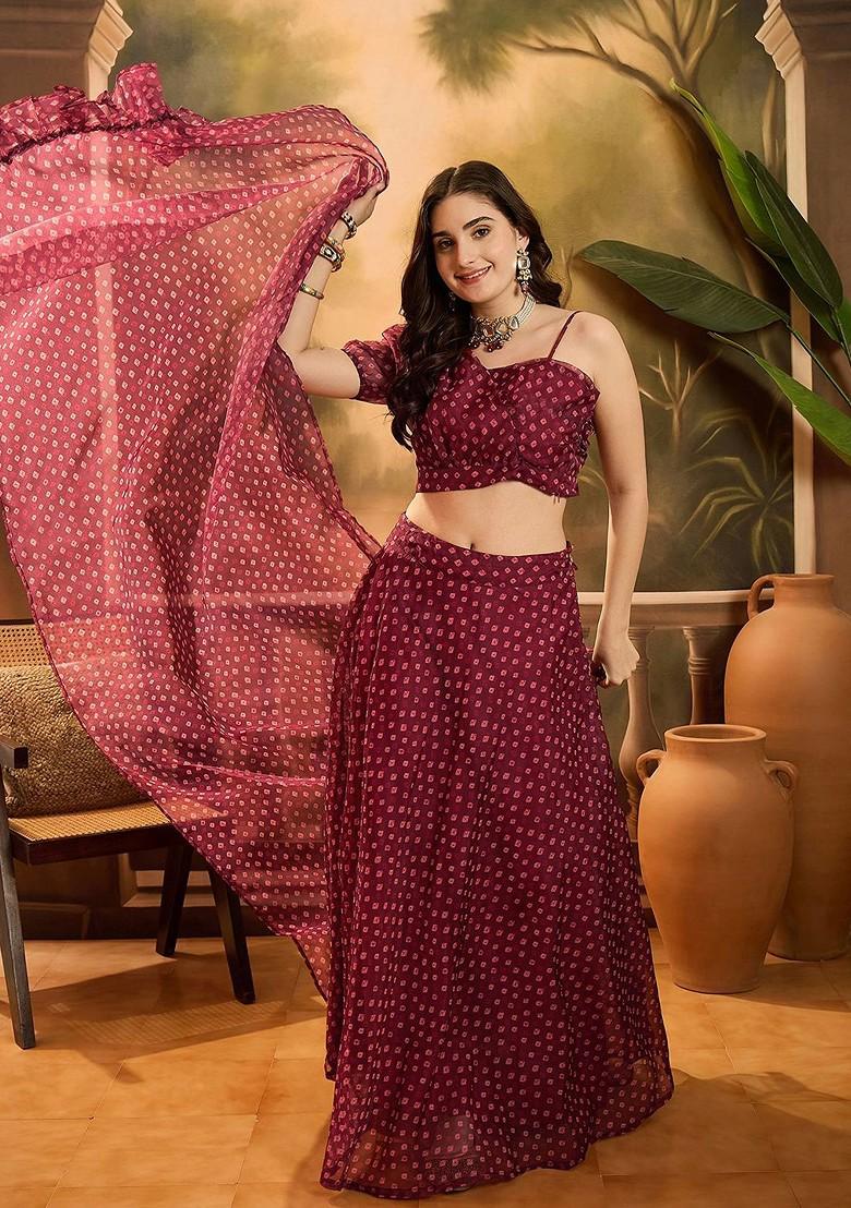 Maroon Printed Blended Lehenga Choli