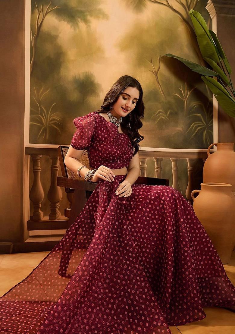 Maroon Printed Blended Lehenga Choli