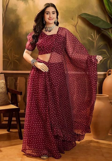 Maroon Printed Blended Lehenga Choli