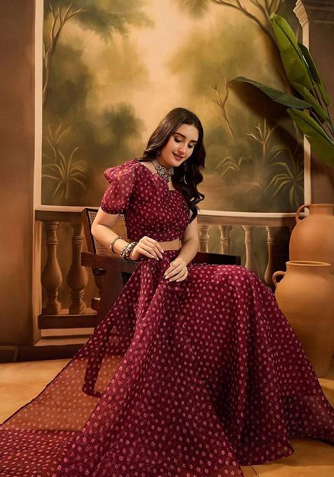 Maroon Printed Blended Lehenga Choli
