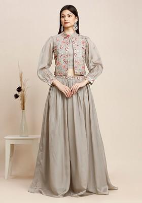 Grey Emboridered Blended Lehenga Choli