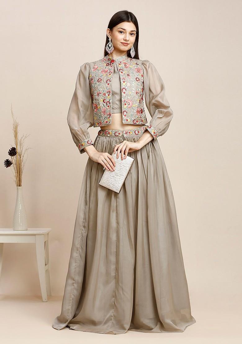 Grey Emboridered Blended Lehenga Choli - Indya
