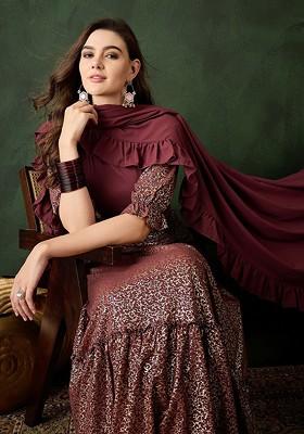 Burgundy Embellished Blended Lehenga Choli
