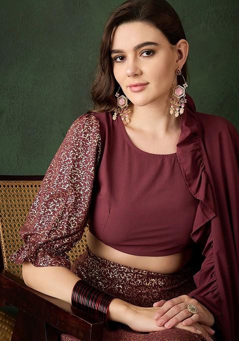 Burgundy Embellished Blended Lehenga Choli